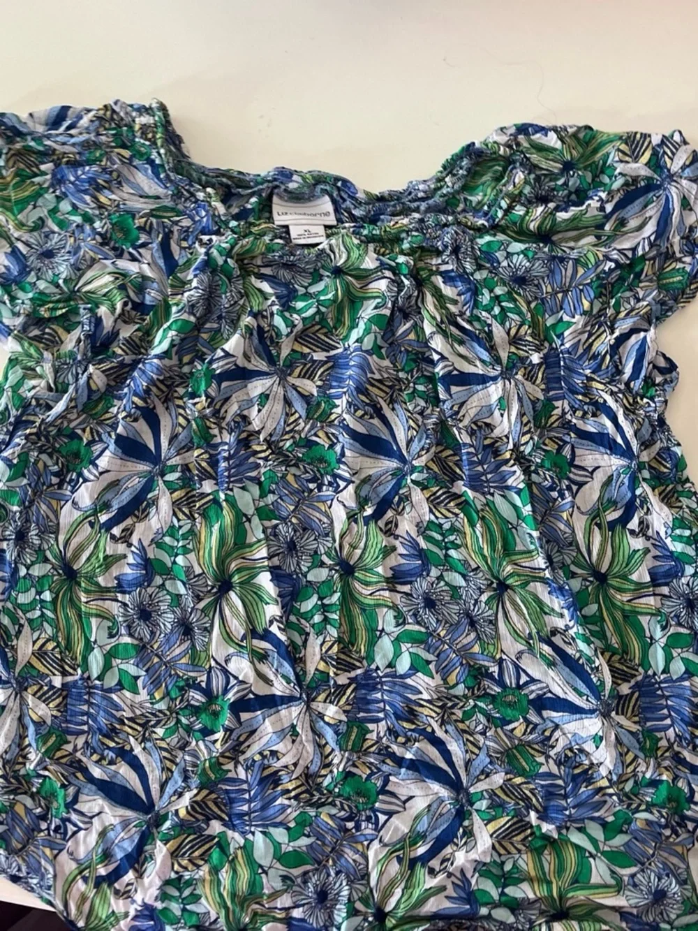 Liz Claiborne Blue, Green & White Floral Peasant Blouse